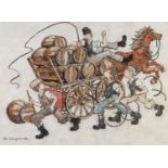 MARGARET CHAPMAN (1940-2000) OIL ON BOARD Horse drawn brewers dray with mischievous boys Signed