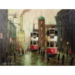 ARTHUR DELANEY (1927-1987) Oil on board Mill town with trams Signed lower left 7 1/2" x 10" (19 x