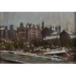 REG GARDNER (b. 1948) OIL PAINTING ON CANVAS 'Dwellings, Angel Meadow, Manchester' Signed and