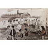 AUDREY M SMITH (1933) PEN AND WASH DRAWING Modern gypsy camp in a northern town Signed lower left 15