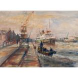 ROBERT BINDLOSS (1939) GOUACHE DRAWING Liner docking in Liverpool Signed lower right 14" x 19" (35.5