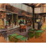 YOUNG (TWENTIETH CENTURY) PASTEL DRAWING ON ORANGE/BUFF PAPER Market place with figures art w