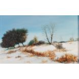FRANCIS KELLY (TWENTIETH CENTURY) OIL ON BOARD ?November Snow? Signed, titled to label verso 9 ½?