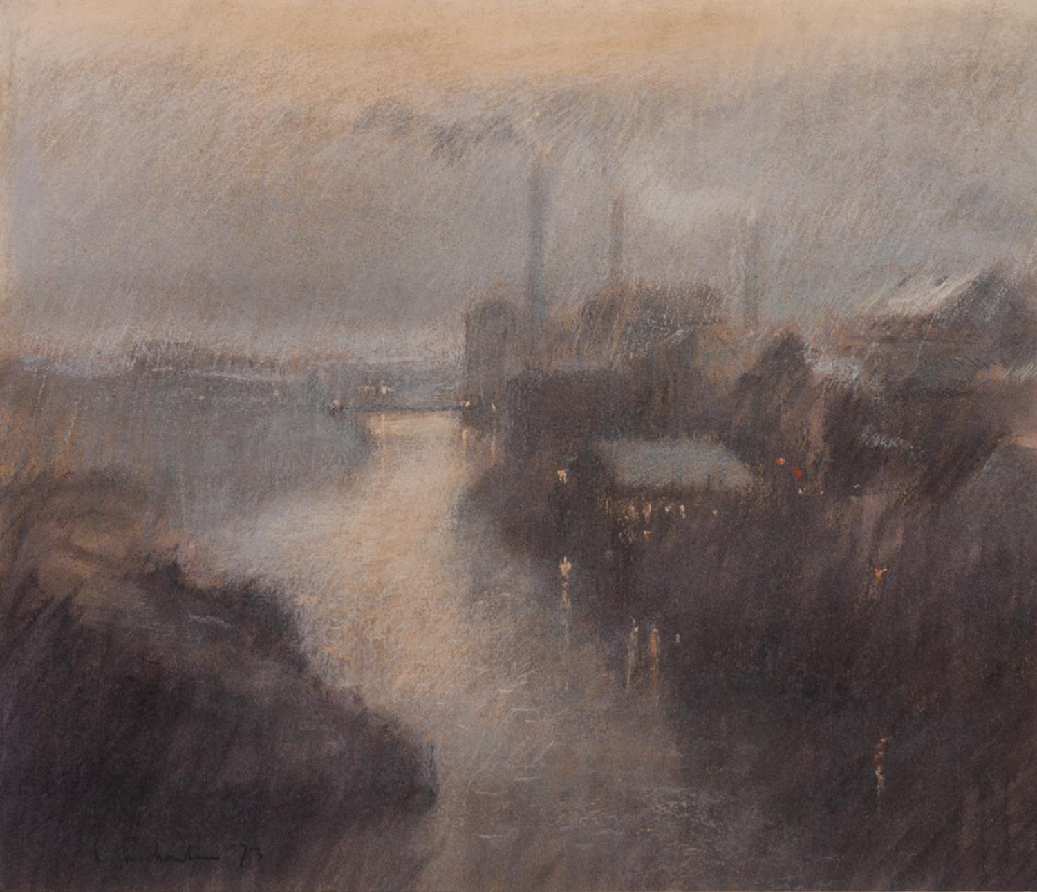 BOB RICHARDSON (1938) PASTEL DRAWING Industrial landscape with canal by evening light Signed and