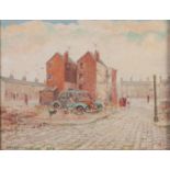 HARRY KINGSLEY OIL ON BOARD Ardwick Manchester Street scene with abandoned car and figures Signed