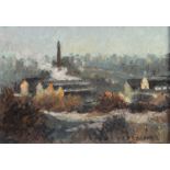 REG GARDNER (b. 1948) OIL PAINTING ON BOARD Panoramic view of Manchester with Strangeways Prison on