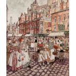 MARGARET CHAPMAN (1940-2000) OIL ON BOARD Northern street scene on market day thronged with