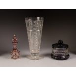 NINETEENTH CENTURY BOHEMIAN CUT GLASS PEDESTAL PERFUME BOTTLE AND STOPPER, decorated in ruby and