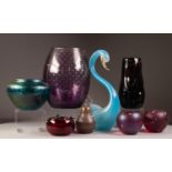 EIGHT PIECES OF COLOURED STUDIO GLASS, comprising: LOETZ STYLE IRIDESCENT VASE, 3 ¾? (9.5cm) high,