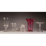 COLLECTION OF VICTORIAN AND LATER GLASS, including: CRANBERRY VASE with wavy rim, 8? (20.3cm)