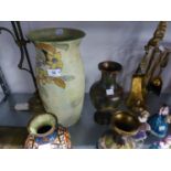 LARGE CROWN DEVON POTTERY VASE, OVOID AND HORIZONTALLY RIBBED, PAINTED WITH PENDANT FLOWERS ON A