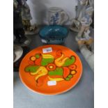 POOLE STUDIO CIRCULAR DISH, WITH PAINTED DECORATION, ON ORANGE FIELD, 8" DIAMETER, A MALAW FISH BOWL