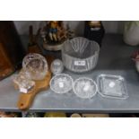CUT GLASS ITEMS TO INCLUDE A BOWL, BASKET, TRINKET DISH AND COVER, A TRINKET DISH, SHORT CANDLESTICK