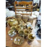 TWENTIETH CENTURY STUDIO POTTERY KITCHENWARES TO INCLUDE; TEAPOT, BISCUIT BARRELS, WINE CUPS,