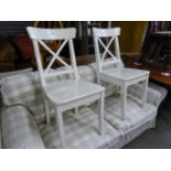 PAIR OF WHITE HARDWOOD SUFFOLK KITCHEN CHAIRS AND A PAIR OF IKEA WHITE FINISH KITCHEN CHAIRS