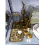 QUANTITY OF BRASSWARES TO INCLUDE; SIX GOBLETS, SMALL BRASS FIGURES, BELT, TRIVET ETC.....