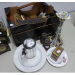 HOUSEHOLD SUNDRIES INCLUDING; GLASS AND PEWTER MOUNTED LIDDED TANKARD, SNOOKER TABLE TRIANGLE AND