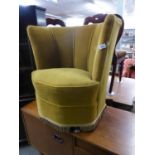 BOUDOIR EASY CHAIR WITH FIVE PANEL TUB SHAPED BACK, COVERED IN OLD GOLD VELVET