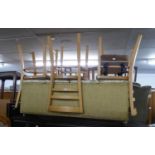 THREE BEECH WOOD LADDER BACKED KITCHEN CHAIRS; A LOOM OTTOMAN BOX; A SMALL FOOTSTOOL (5)