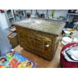 MID 20TH CENTURY BRASS COAL BOX WITH SAIL BOAT DECORATION