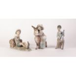 THREE LLADRO PORCELAIN FIGURES, comprising: RECLINING BOY WITH SMALL BIRD ON HIS SHOE, YOUNG GIRL