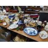 QUANTITY OF CERAMICS TO INCLUDE; WILLOW PATTERN MEAT PLATE, PARIAN WARE VASE, SHELLEY BOWLS, BLUE