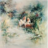 A LARGE MODERN LIMITED EDITION ARTIST SIGNED COLOUR PRINT of two young ladies in a boat indistinctly