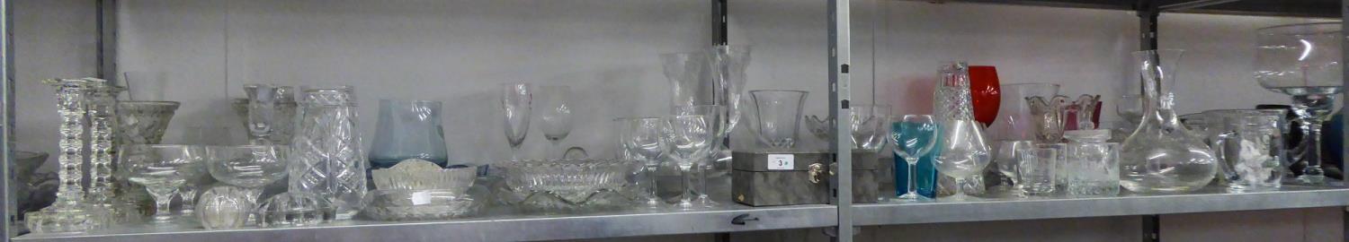 A PAIR OF CUT GLASS CANDLESTICKS, A PAIR OF CUT GLASS FLOWER VASES AND A QUANTITY OF MISC GLASSWARES