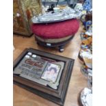 TWO COCA-COLA ADVERTISING MIRRORS, PIE CRUST SHAPED TRAY AND REPRODUCTION FOOT STOOL OF OVAL FORM (