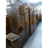 SHRAGER FIGURED WALNUT BEDROOM SUITE OF THREE PIECES WITH DOUBLE DOMED TOPS, VIZ A LADY?S TWO DOOR
