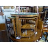 ART DECO FIGURED WALNUT CIRCULAR COFFEE TABLE WITH FOUR QUADRANT SHAPED NESTING TABLES AND THE LOOSE