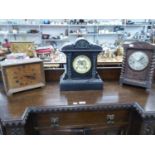 VICTORIAN BLACK SLATE MANTEL CLOCK HAVING TWO PART DIAL AND EXPOSED WORKING AND TWO OTHER OAK