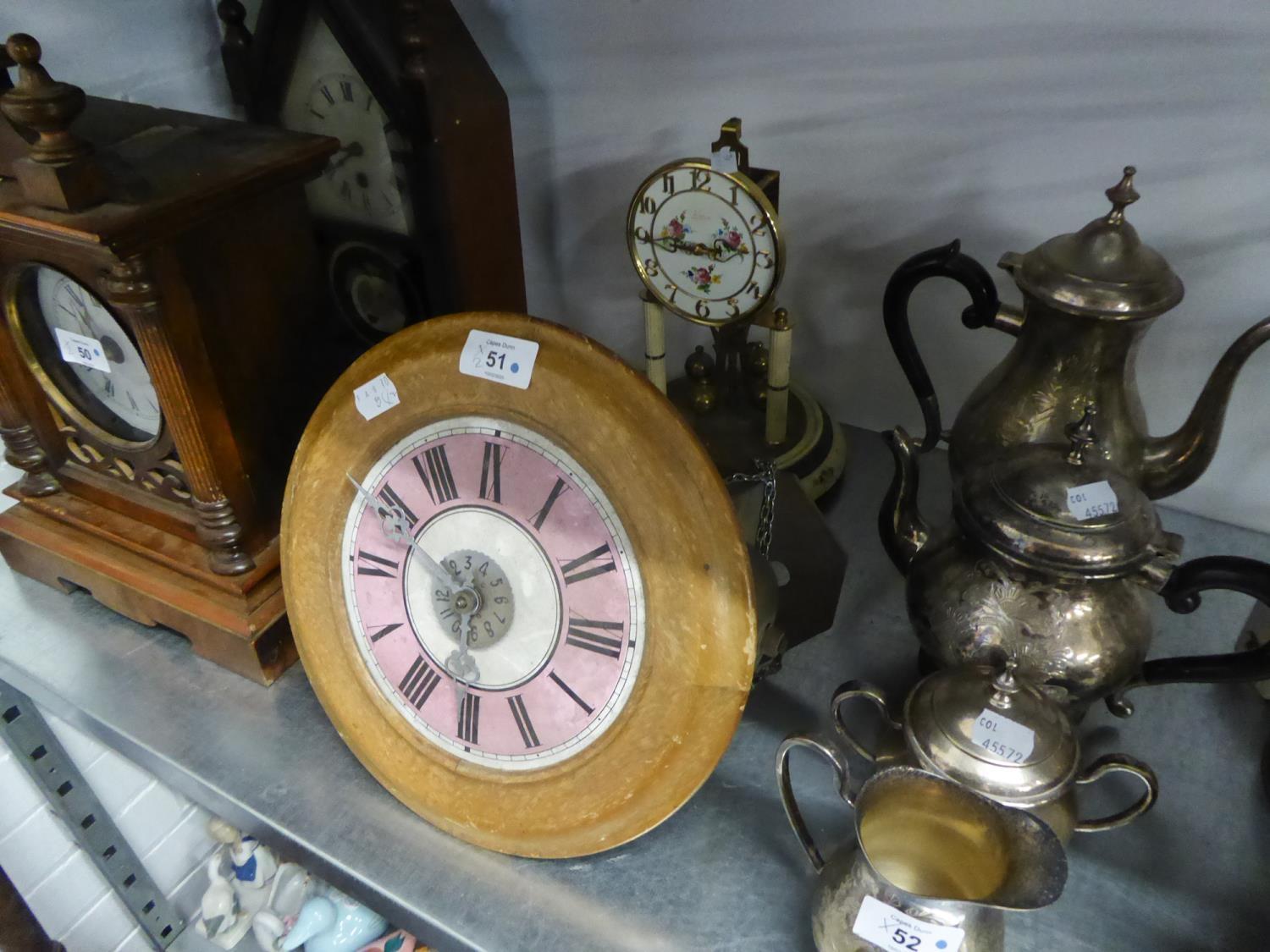 LATE VICTOTIAN POSTMANS ALARM WALL CLOCK, CIRCULAR WITH PINK AND WHITE ENAMEL ROMAN DIAL, CHAIN