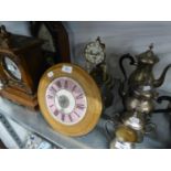 LATE VICTOTIAN POSTMANS ALARM WALL CLOCK, CIRCULAR WITH PINK AND WHITE ENAMEL ROMAN DIAL, CHAIN