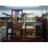 AN EDWARDIAN INLAID MAHOGANY MUSIC STOOL AND A LATE VICTORIAN STAINED BEECHWOOD COMMODE CHAIR (2)