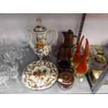 A PAIR OF MURANO GLASS EWERS; A DUTCH DELFT WARE COFFEE POT;  AN ODD MATCHING PLATE AND A FOUR PIECE