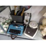 SMITH-CORONA ELECTRIC TYPEWRITER, COOPERS PAPER BRIQUETTE MAKER, SECA SCALES, SHREDDER, TWO SQUASH