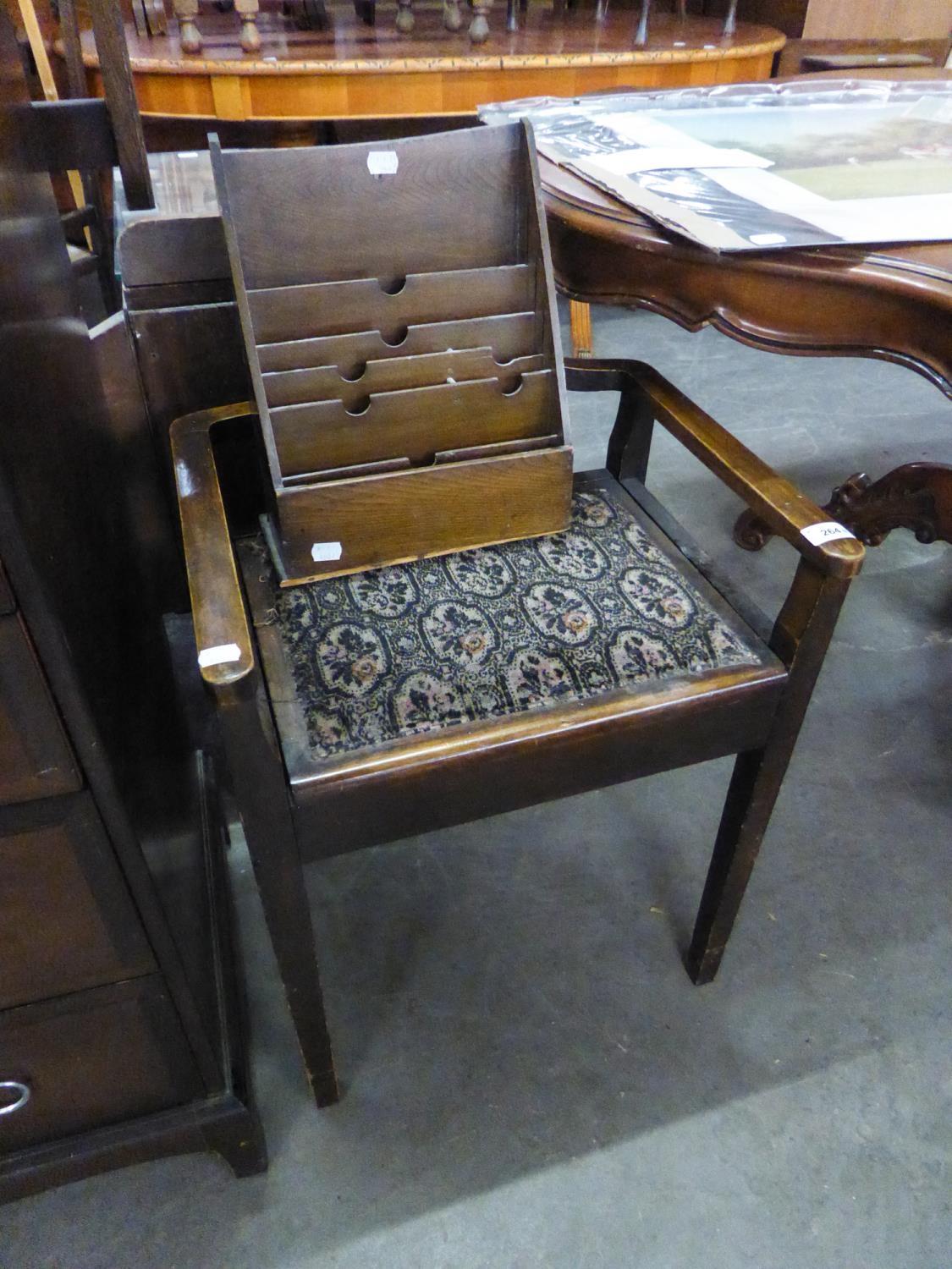 MAHOGANY MUSIC STOOL, WITH BOX SEAT AND A WOODEN STATIONERY RACK (2)