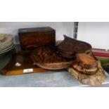 AN OAK CRUMB TRAY, WOODEN CARVED PLAQUE 'HORSES AND WAGON', TEA CADDY AND A PAIR OF WOODEN