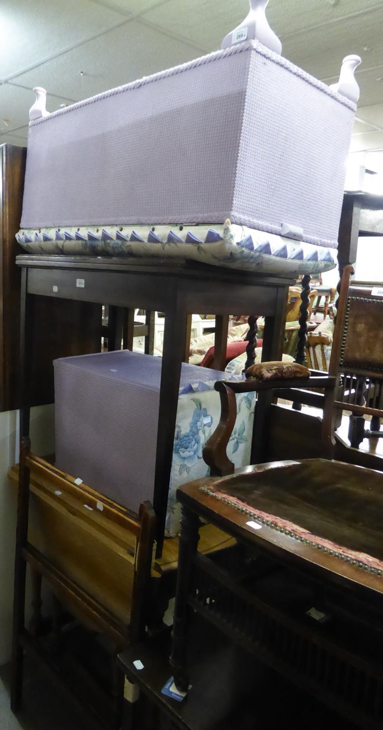 A LILAC COLOURED LOOM OTTOMAN BOX, THE MATCHING LINEN RECEIVER AND A WOODEN FOLDING CLOTHES