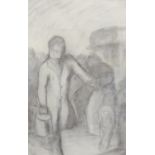 ASCRIBED DAVID BOMBERG PENCIL SKETCH busy street scene with figures signed 20" x 12 3/4" (50.8cm x