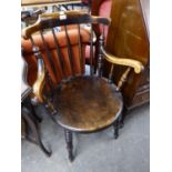 NINETEENTH CENTURY HARDWOOD COMB BASKET OPEN ARMCHAIR, WITH CIRCULAR PANEL SEAT