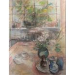STELLA ELLIS MIXED MEDIA DRAWING Still life before a window Signed lower right 24 1/4" x 18 1/4" (