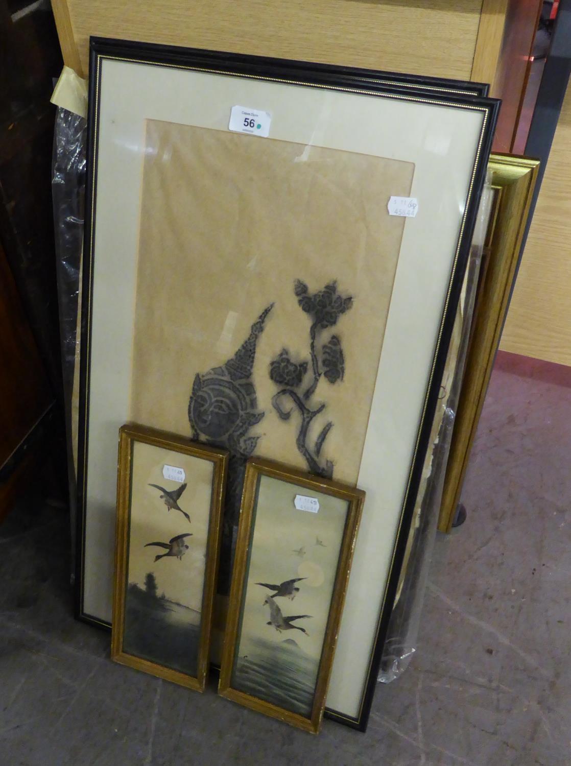 TWO THAI FIGURE FRAMED PRINTS, EGYPTIAN HAND PAINTING ON PAPYRUS, BIRDS ON SILK PAPER ETC.....