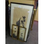 TWO THAI FIGURE FRAMED PRINTS, EGYPTIAN HAND PAINTING ON PAPYRUS, BIRDS ON SILK PAPER ETC.....