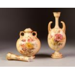 ROYAL WORCESTER TWO HANDLED BLUSH CHINA PEDESTAL VASE, of ovoid form with tall loop handles flanking