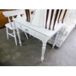 VICTORIAN WHITE PAINTED PINE TABLE WASHSTAND WITH A SMALL DRAWER HAVING GLASS KNOB HANDLE, ON FOUR