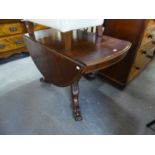 A VICTORIAN MAHOGANY OVAL DROP-LEAF DINING TABLE, ON CARVED CABRIOLE TRIPOD BASE, 56" X 43" (