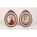PAIR 20th CENTURY OVAL MINIATURES IN PIANO KEY AND ORNATE GILT METAL FRAMES depicting a lady in in