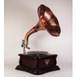 VICTORIAN REPRODUCTION SPRING DRIVE TABLE TOP GRAMOPHONE dark stained wood cabinet, cast plated